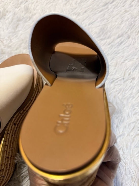 Chloe Camille Wedge Slide Sandals white Tan Gold Cork Platform - Picture 8 of 16